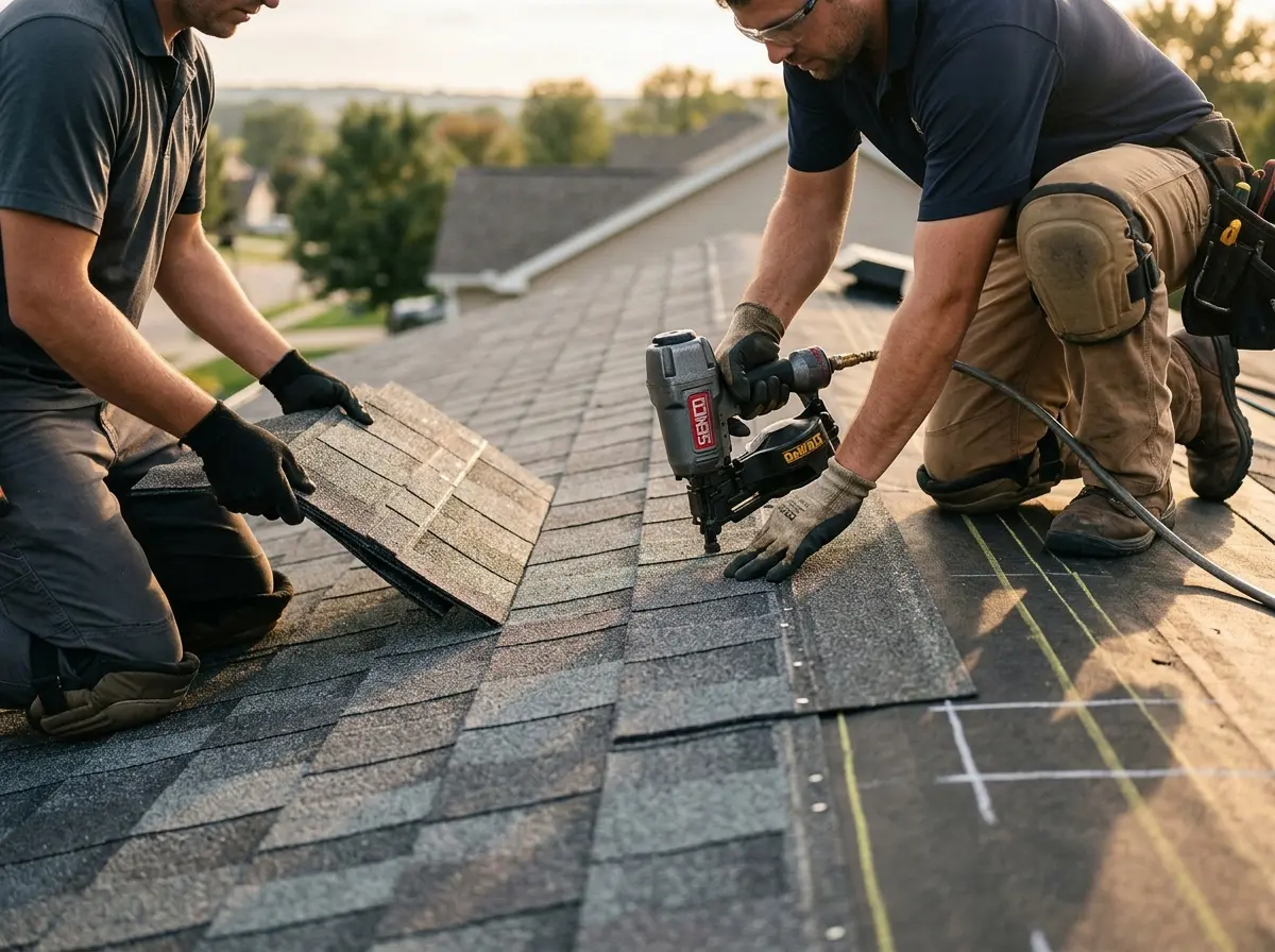 Professional roofer working on a residential roof in Bel Air North